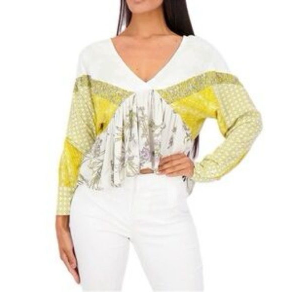 Free People Aloha State of Mind Yellow and White V-Neck Blouse Bohemian Small - Picture 1 of 7